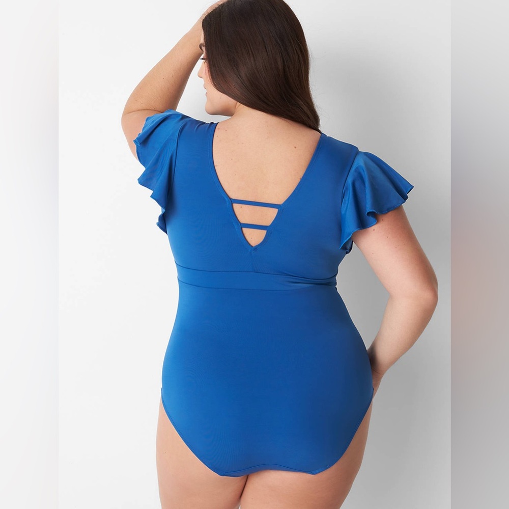 Lane Bryant Cacique Women's No-Wire Flutter-Sleeve Swim One-Piece Beaucoup Blue - Picture 2 of 11
